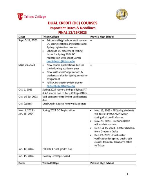 Importante Dates Enrollment Dual Credit